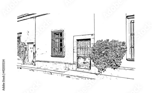 Building view with landmark of Santiago de Queretaro is a city in central Mexico. Hand drawn sketch illustration in vector.