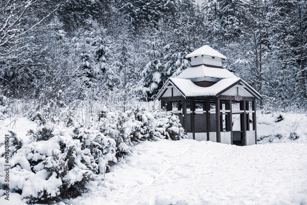 Snow covered landscape on cold winter day.