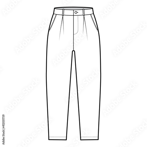 Capri pants technical fashion illustration with belt loops, mid-calf length, single pleat, normal waist, high rise, slashed, flap pocket. Flat breeches bottom front, white color. Women, men CAD mockup