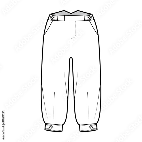 Short plus fours pants technical fashion illustration with tab, knee length, normal waist, rise, slashed pocket. Flat breeches bottom template front, white color style. Women, men CAD mockup