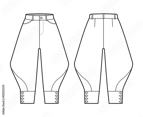 Riding breeches short pants technical fashion illustration with knee length, normal waist, high rise, curved pocket, buttoned. Flat bottom template front, back, white color style. Women men CAD mockup