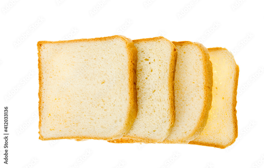 Pieces of square toast wheat bread isolated on white background.