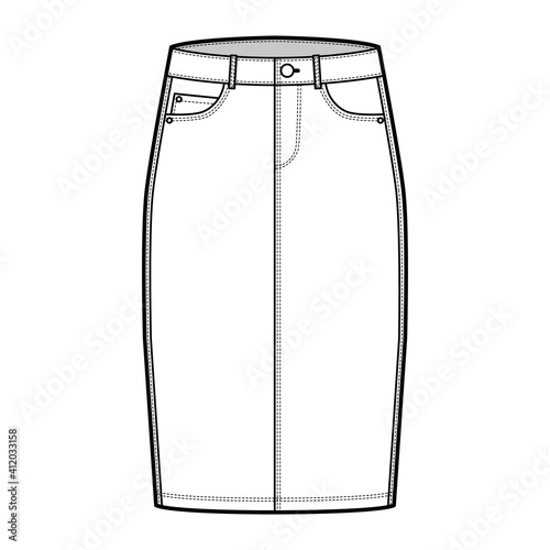 Denim pencil skirt technical fashion illustration with knee length, low waist rise, curved, coin, angled pockets. Flat bottom template front, white color style. Women, men, unisex CAD mockup