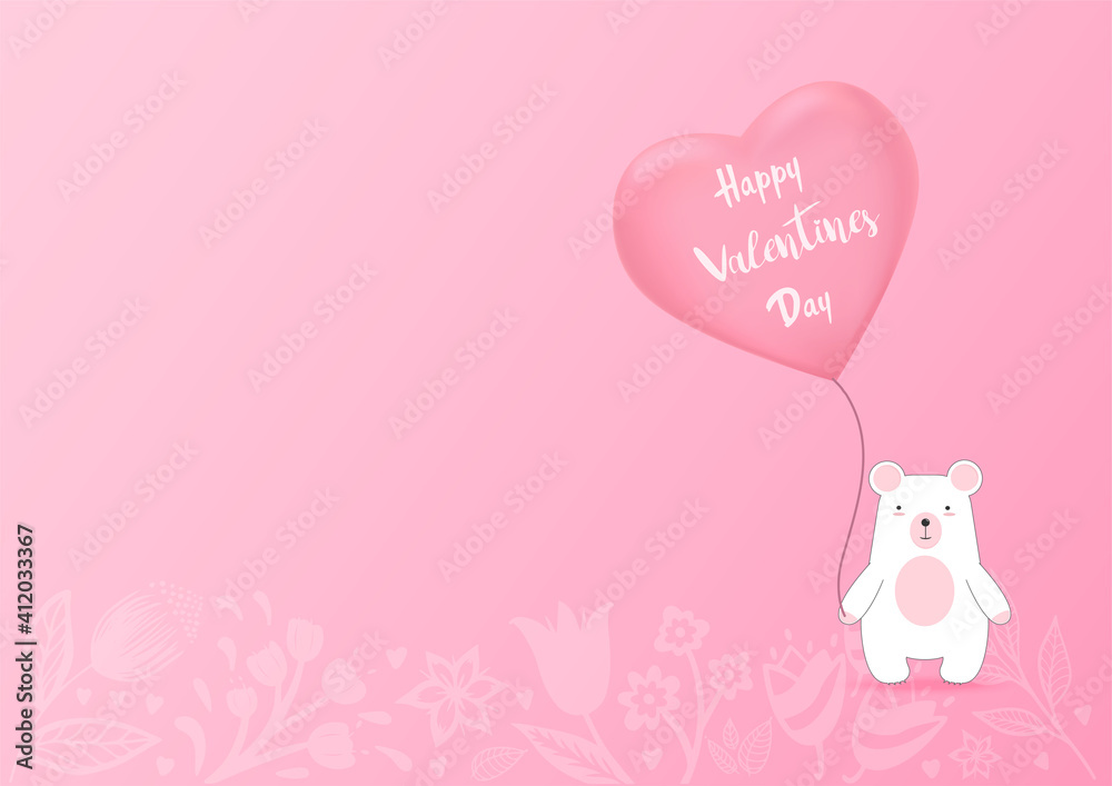 Valentines heart balloon with bear on pink background. Valentine's day cute background. Vector illustration.
