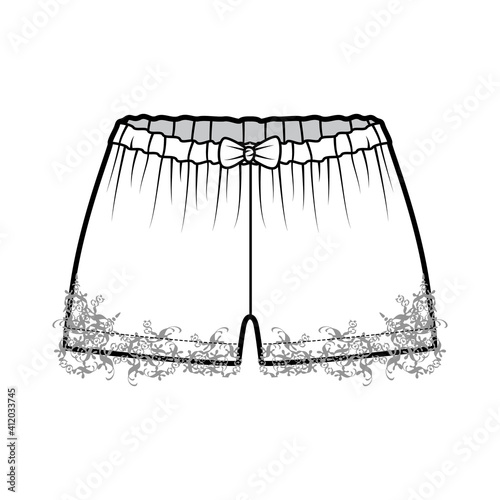 Short tap pants technical fashion illustration with bow, lace, mini length, low waist, rise. Flat sleepwear bottom apparel template front, white color style. Women men unisex CAD mockup