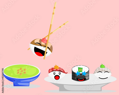 Illustration vector graphic cartoon character of japanese food, set of sushi waiting to be added to the wasabi sauce