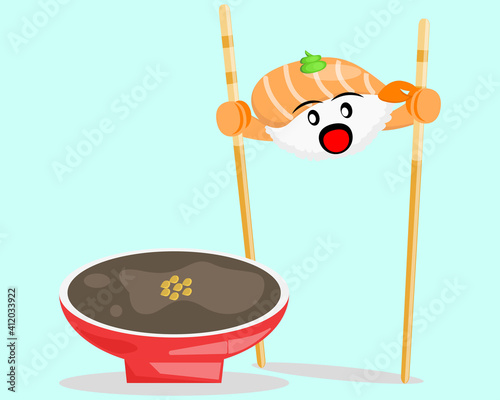 Illustration vector graphic cartoon character of japanese food, tuna sushi climbs on chopsticks to jump into the soy sauce