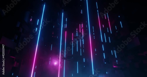 Neon Pillars in City with Light Tech Digital effect. Bright Pink and Blue Neon lens flares. Perfect for VJ, projection , nightclub , party , LED, techno EDM video display. 3D render, 4K loop photo