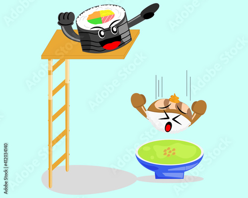 Illustration vector graphic cartoon character of japanese food, sushi does a wonderful jump to wasabi sauce