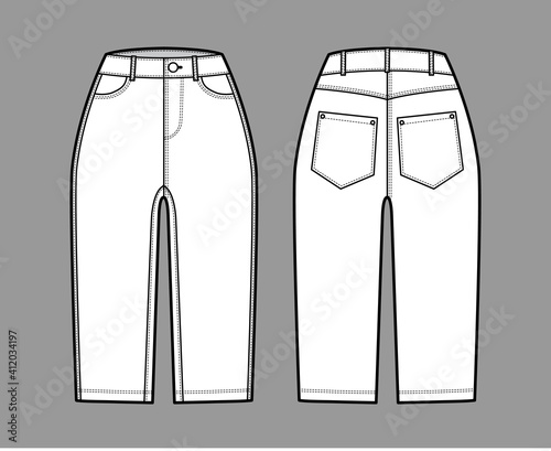 Denim short pants technical fashion illustration with knee length, normal waist, high rise, coin, angled 5 pockets. Flat breeches bottom template front, back, white color style. Women, men CAD mockup