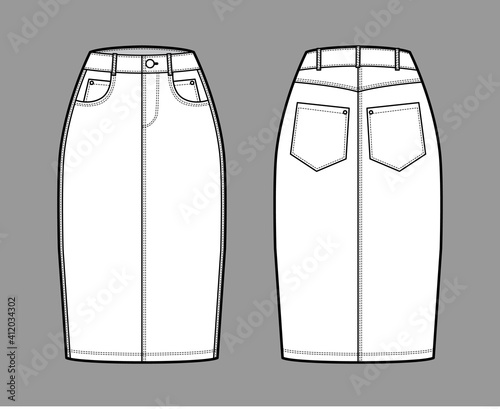 Denim pencil skirt technical fashion illustration with knee length, normal waist, high rise, coin and angled pockets. Flat bottom template front, back, white color style. Women, men CAD mockup