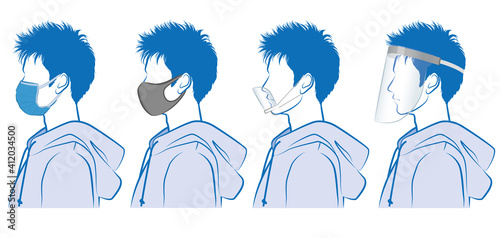 男性の横顔のイラスト. ウイルスの感染対策.