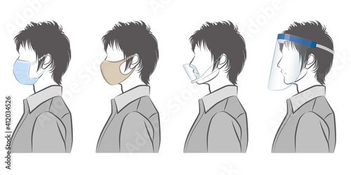 男性の横顔のイラスト. ウイルスの感染対策.