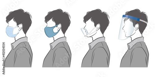男性の横顔のイラスト. ウイルスの感染対策.