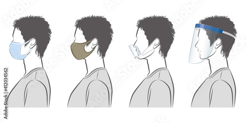 男性の横顔のイラスト. ウイルスの感染対策.