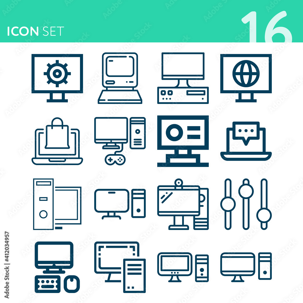 Simple set of 16 icons related to personal computer Simple set of 16 icons related to personal computer