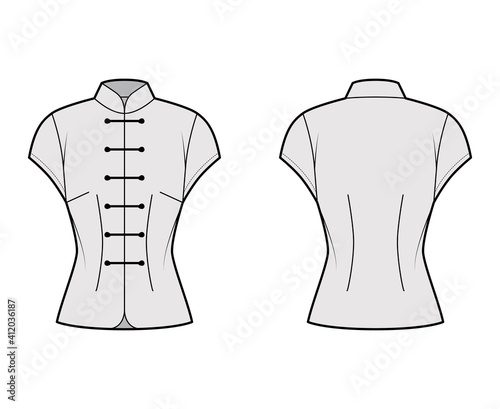 Mandarin blouse technical fashion illustration with cap sleeves, stand neck, fitted body, Frog closure. Flat Chinese oriental apparel top template front, back, grey color. Women, men unisex CAD mockup