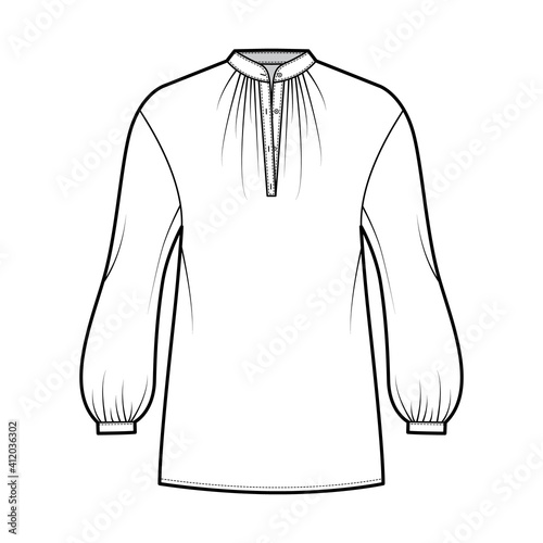 Over blouse technical fashion illustration with bouffant long sleeves, stand halter gathered collar, oversized. Flat apparel top template front, white color. Women, men unisex CAD mockup