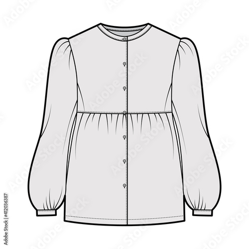 Tunic blouse technical fashion illustration with bouffant long sleeves, stand collar, gathered hem, oversized, button up. Flat apparel top template front, grey color. Women, men unisex CAD mockup