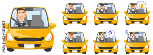 自動車を運転する男性の表情のイラストセット
