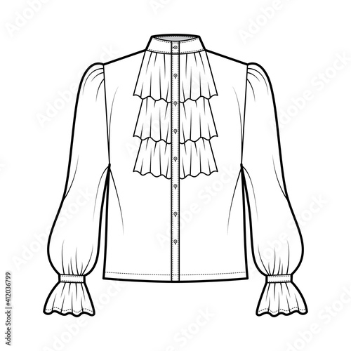 Poet pirate blouse technical fashion illustration with ruffles collar, bishop long sleeves, stand neck, loose fit, button up. Flat top template front, white color. Women, men unisex shirt CAD mockup