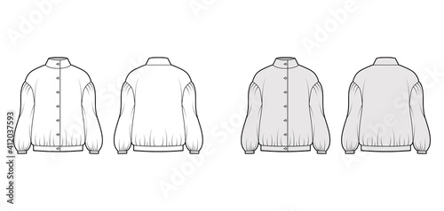 Balkan blouse technical fashion illustration with bouffant dropped long sleeves, stand neck, oversized, button up. Flat apparel top template front, back, white, grey color. Women men unisex CAD mockup