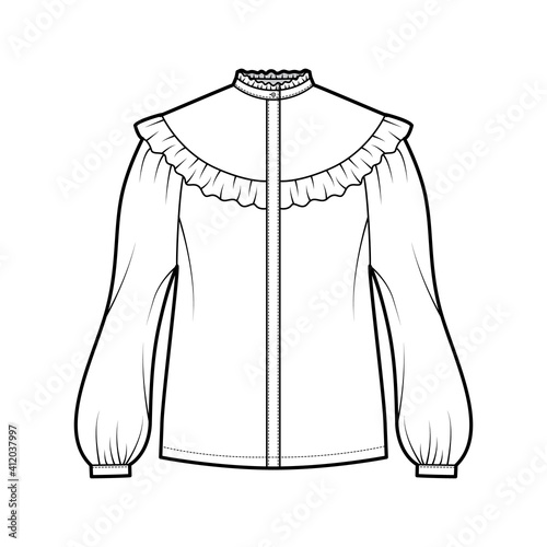 Prairie blouse technical fashion illustration with bouffant long sleeves, stand collar, ruffle yoke, cuff, hide button up. Flat apparel top template front, white color. Women, men unisex CAD mockup