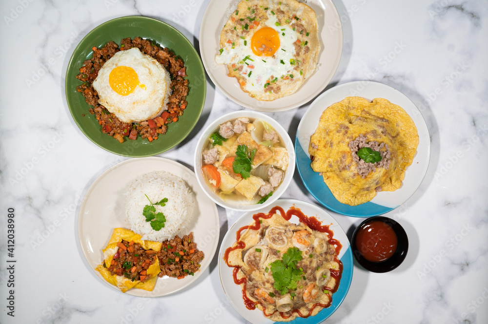 Fried Eggs with Sweet Stir Fried Pork , Clear Soup with Eggs and Minced Pork  , Stuffed eggs , Seafood Omelette , Fried Egg Omelette and Minced Pork Omelette  