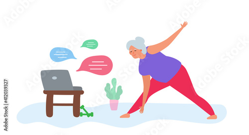 senior woman doing exercise  at home watching laptop online training healthy lifestyle vector illustration