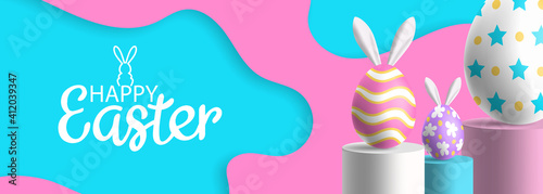 happy easter banner design  3d eggswith  bunny ears on cylinder podiums minimal scene vector illustration