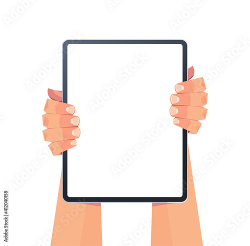 human hands holding tablet pc with blank touch screen using digital device concept isolated vertical vector illustration