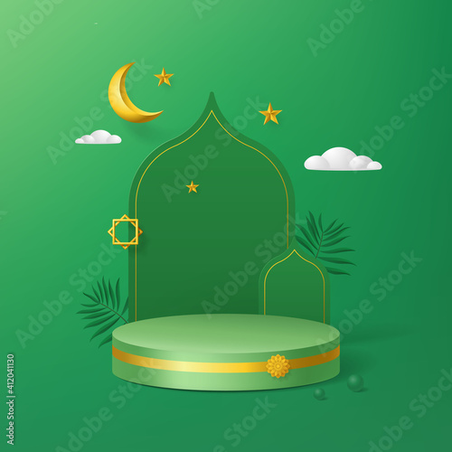 Islamic minimal cylinder podium in green background with leaves, golden Crescent moon, stars. Product presentation, show cosmetic product, Podium, base, display, stage pedestal or platform 3d vector