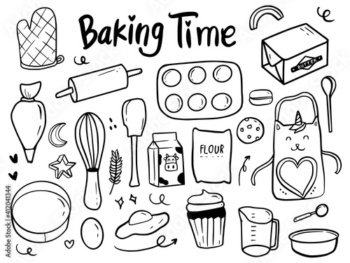 Baking time tools and cake doodle illustration drawing cartoon for kids and baby