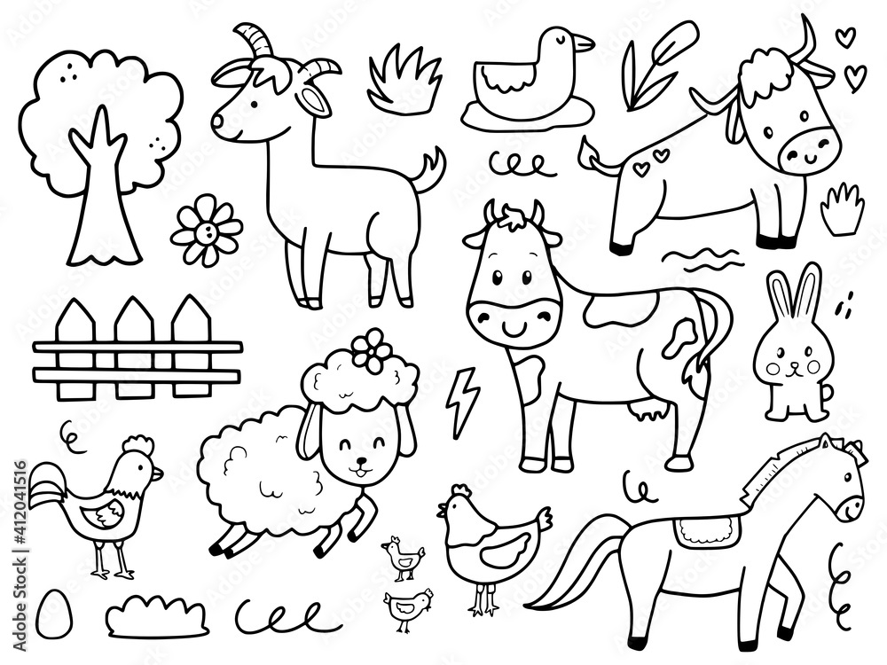 Set of cute farm animal illustration drawing cartoon for kids and baby