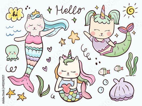 Adorable mermaid and sea animal cartoon for kids coloring and print.