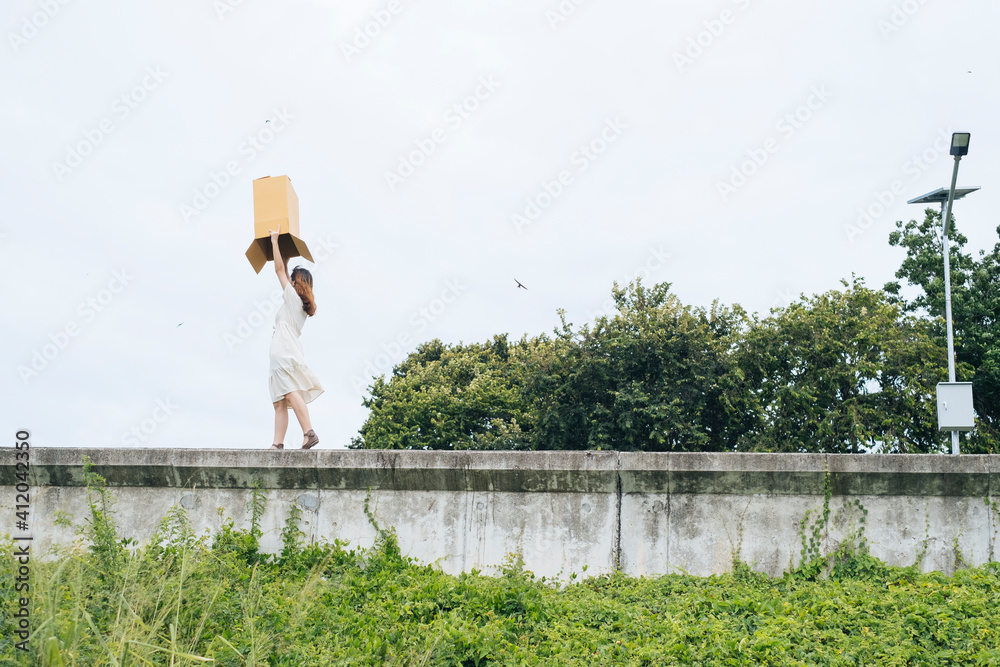 Obraz premium Crazy girl box head walking on the wall.
