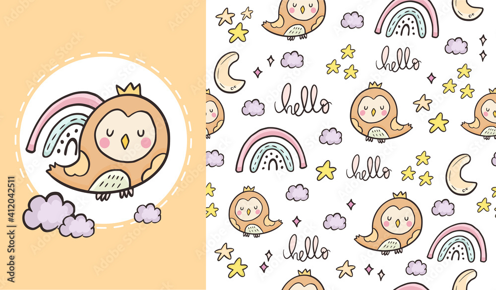 Cute hello owl seamless pattern illustration cartoon for kids and baby showerCute hello owl seamless pattern illustration cartoon for kids and baby shower