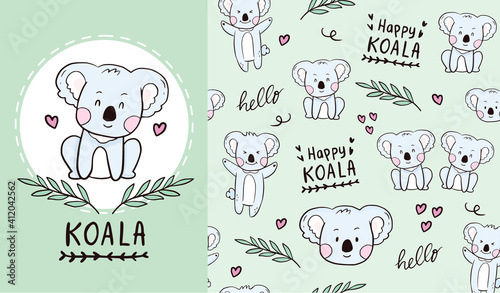 Cute happy koala seamless pattern illustration cartoon for kids and baby shower