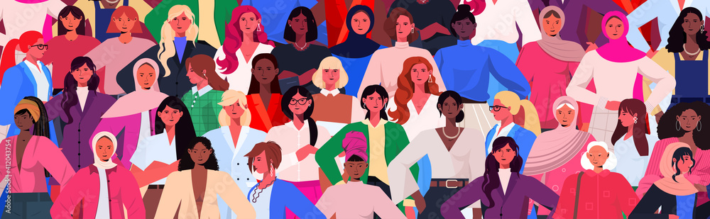 Fototapeta mix rasa kobiet grupa świętująca międzynarodowy dzień kobiet 8 marca święto uroczystości koncepcja portret pozioma ilustracja wektorowa