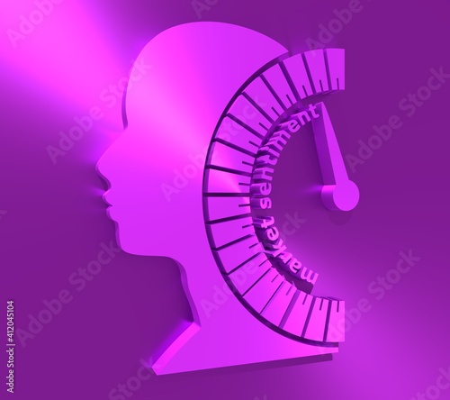 Market sentiment level scale with arrow. The measuring device. Head of man silhouette. 3D rendering