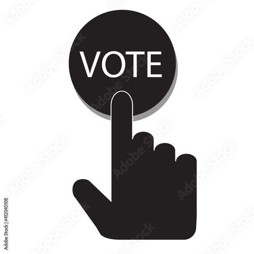 Hand pressing a button with the text VOTE icon on white background. flat style. Voting sign. polling sign. ballot symbol.