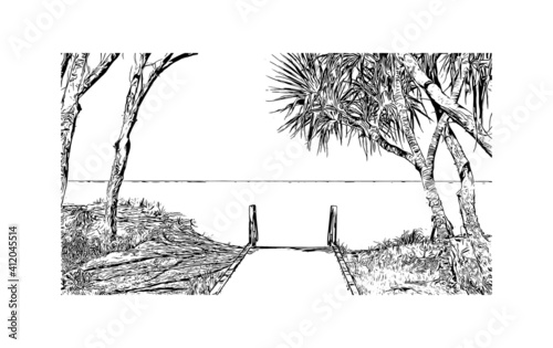 Building view with landmark of Australia is the
country in Oceania. Hand drawn sketch illustration in vector.