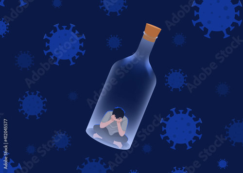 Coronavirus cause Depression and Anxiety. The man locked in the bottle covered his face with his hands in pandemic situation