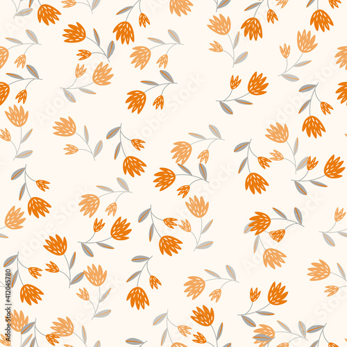 Seamless floral pattern based on traditional folk art ornaments. Colorful flowers on light background. Scandinavian style. Vector illustration. Simple minimalistic pattern with nature element.