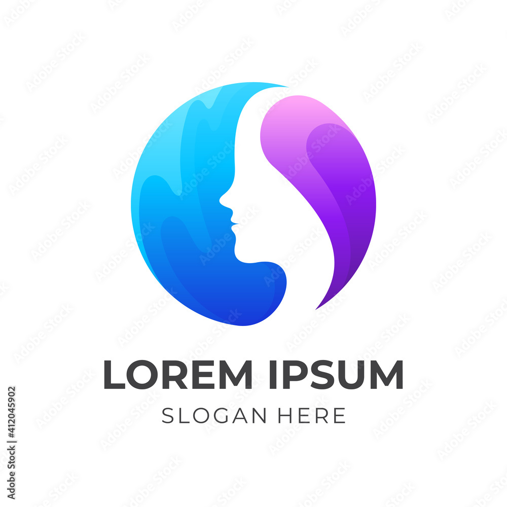 fresh woman logo, woman and water, combination logo with 3d blue and purple color style
