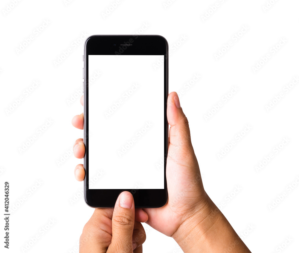 Woman hand holding mockup smartphone blank white screen. Female touch home button on modern mobile phone studio shot isolated on over white background with clipping mask path on the phone and screen