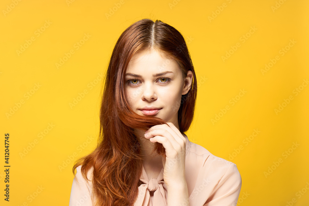 pretty woman glamor attractive look cropped view yellow background pretty woman glamor attractive look cropped view yellow background
