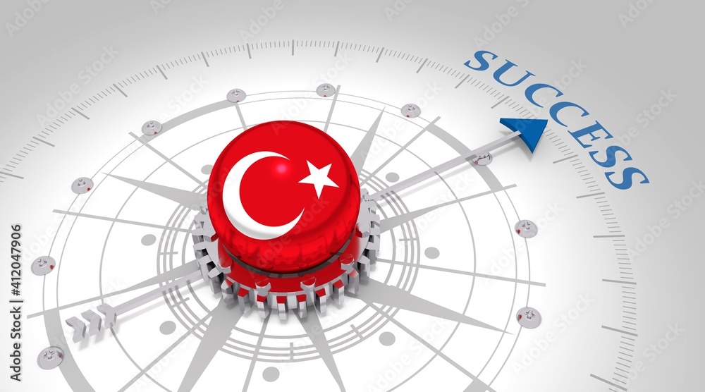 Business concept. Abstract compass points to the success word. Flag of Turkey. 3D rendering Business concept. Abstract compass points to the success word. Flag of Turkey. 3D rendering