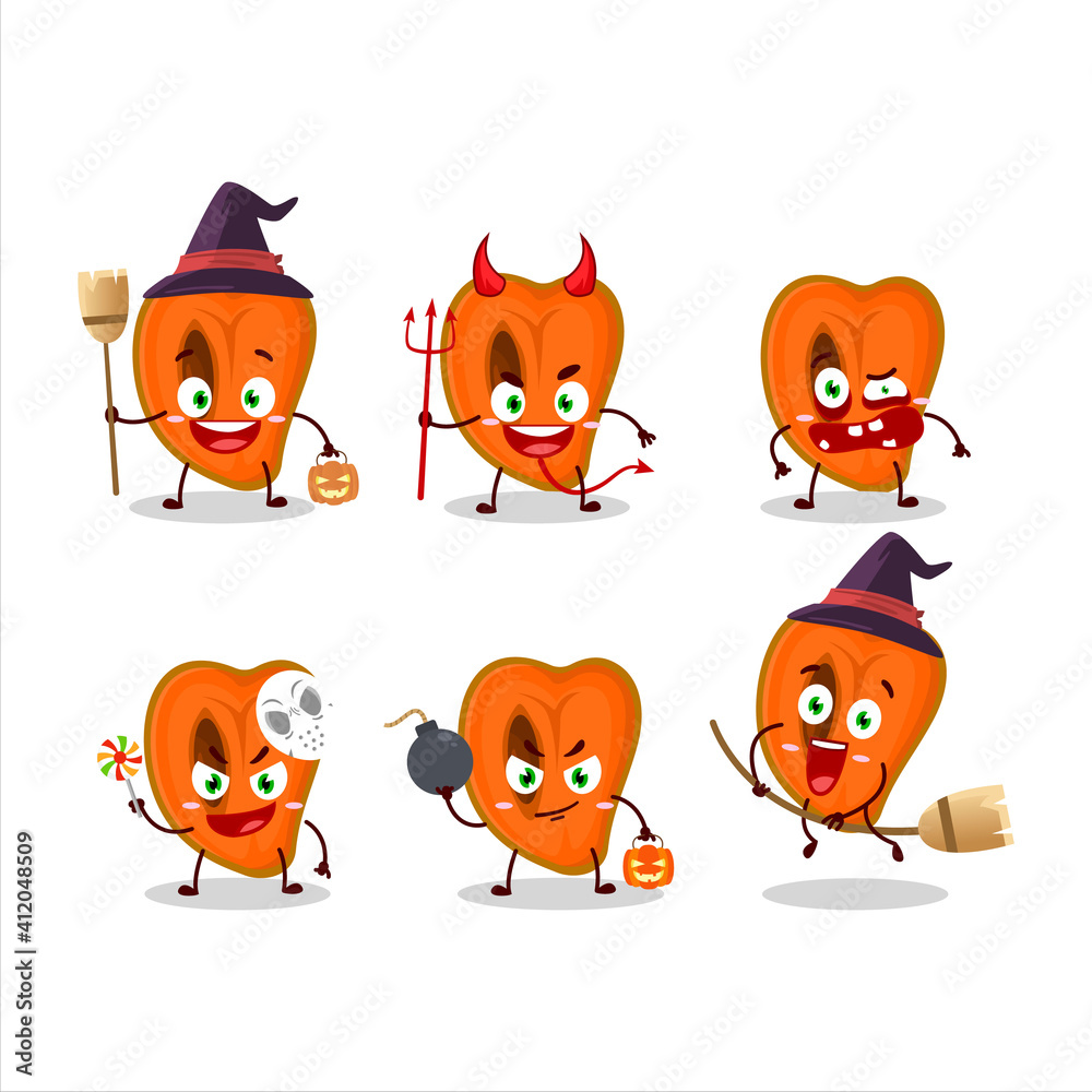 Halloween expression emoticons with cartoon character of slice of zapote Halloween expression emoticons with cartoon character of slice of zapote