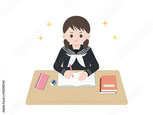 集中して勉強をする　学生　中高生　女子生徒　正面　イラスト素材